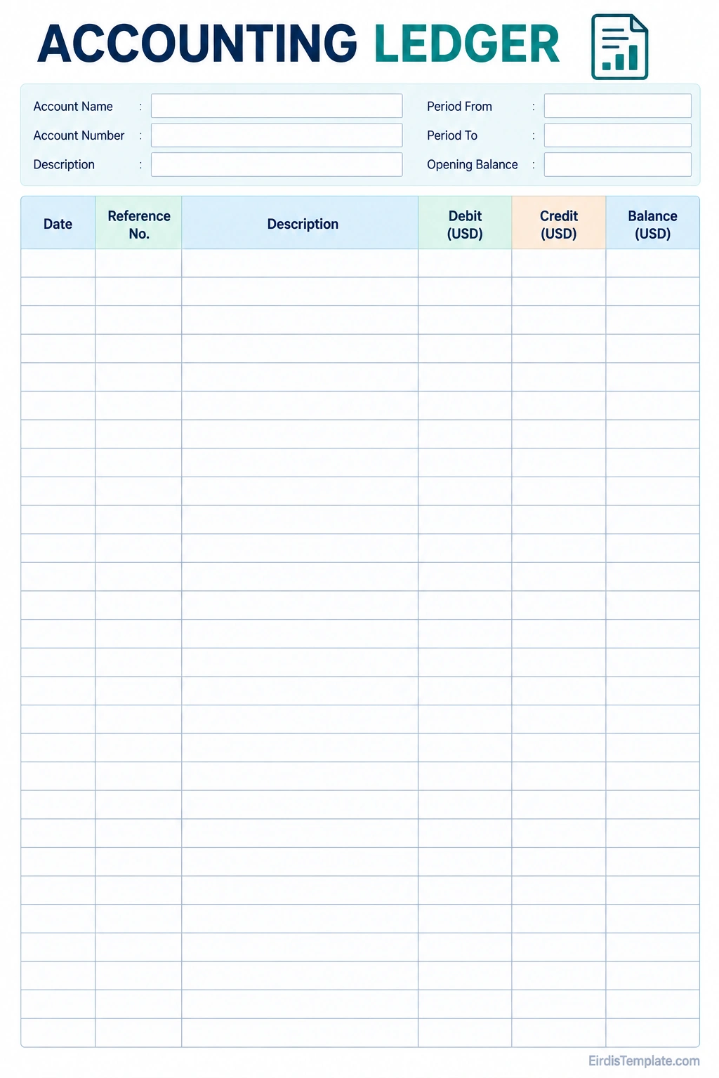 Accounting Ledger Template Printable accounting ledger template with account information, date, reference, description, debit, credit, and balance columns