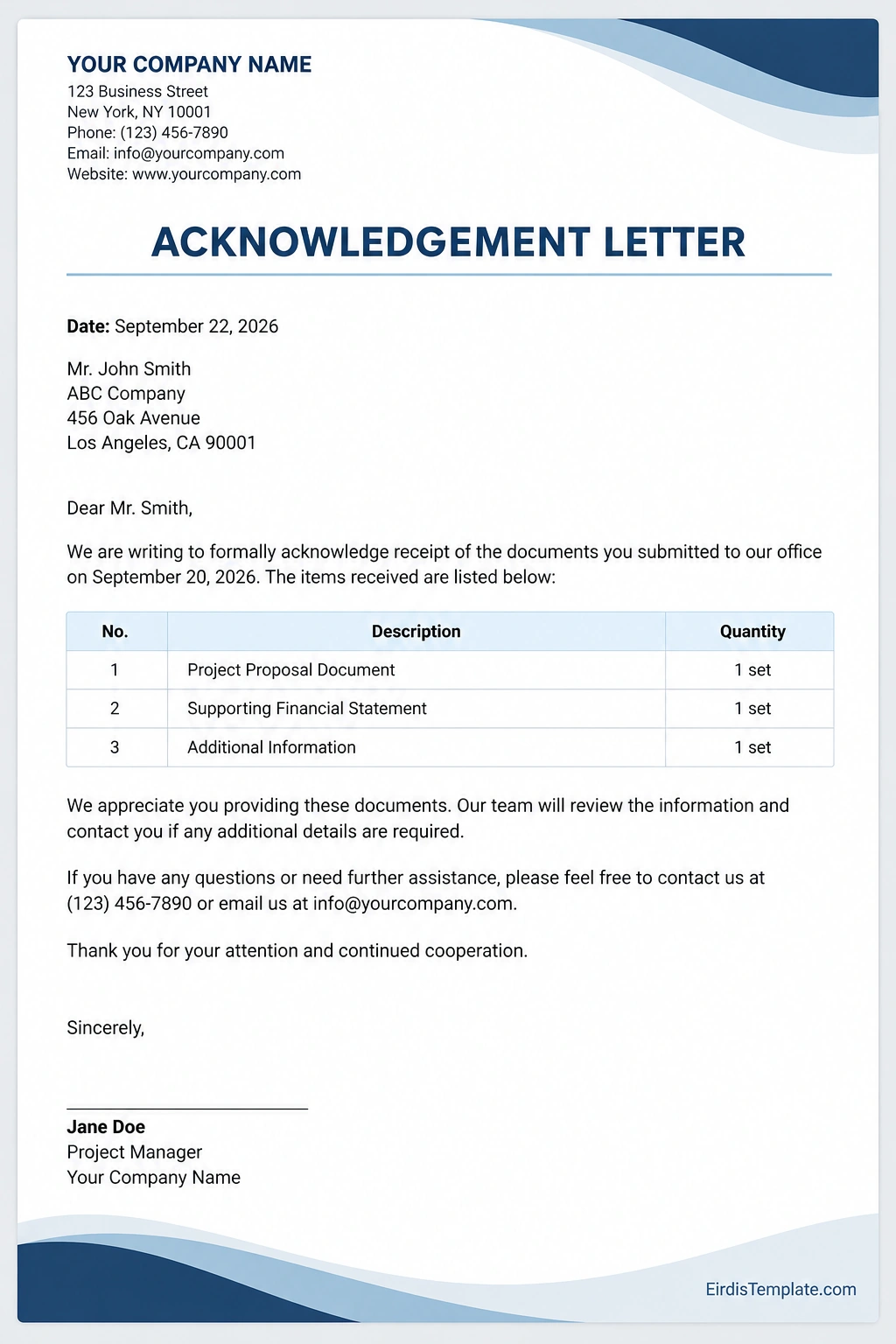 Acknowledgement Letter Template acknowledgement letter template with recipient details, subject, confirmation message, date, and signature fields