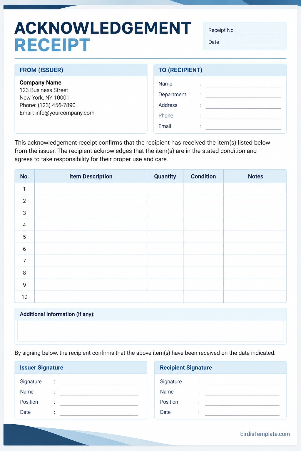 Printable acknowledgement receipt template for documenting received items, recipient details, item condition, and signatures
