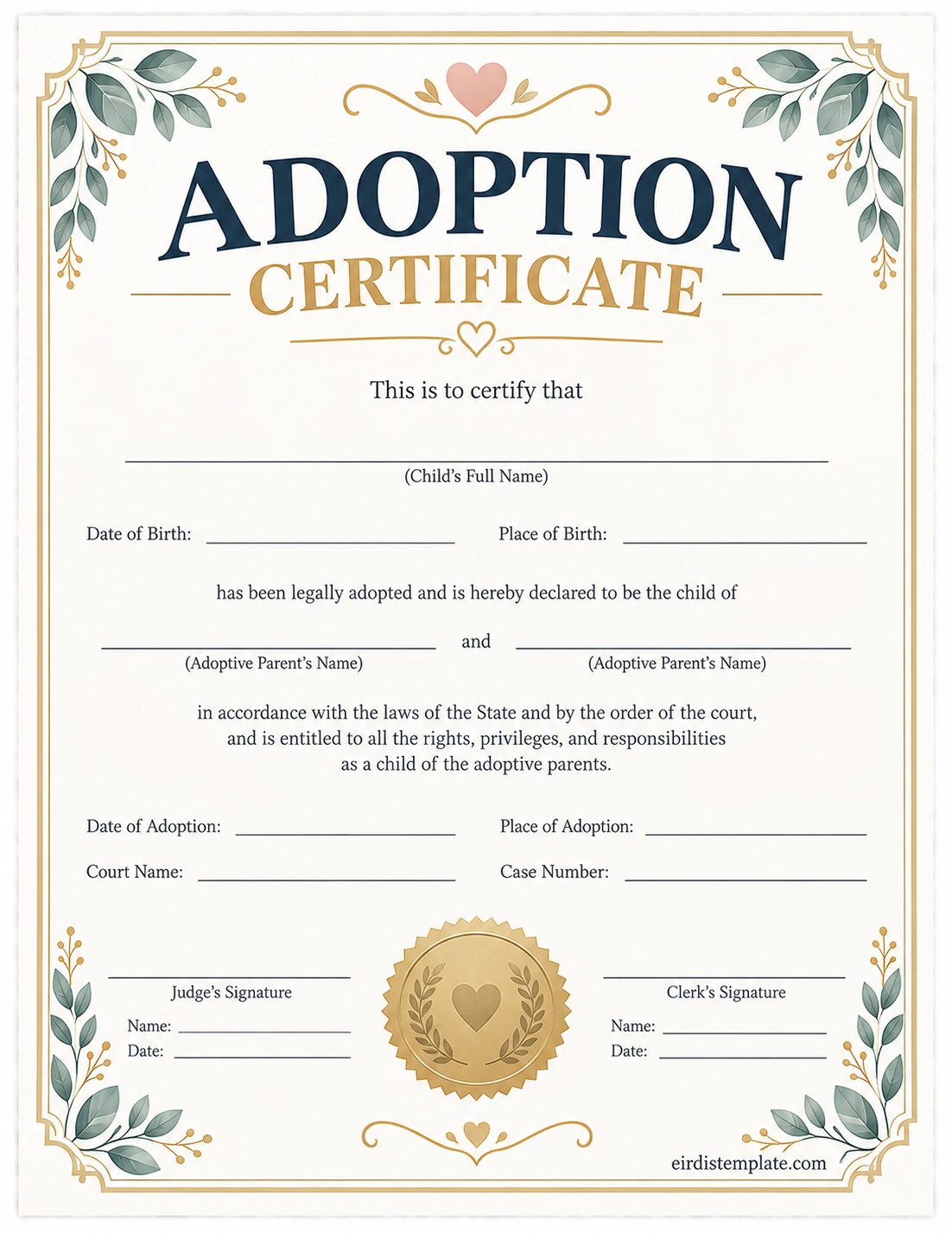 Printable Adoption Certificate Template with adopted child information, adoptive parent names, court details, adoption date, and signatures