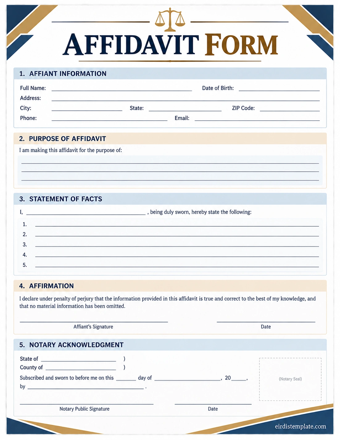 Affidavit Form Printable Affidavit Form Template with affiant information, statement of facts, affirmation, signature, and notary acknowledgment