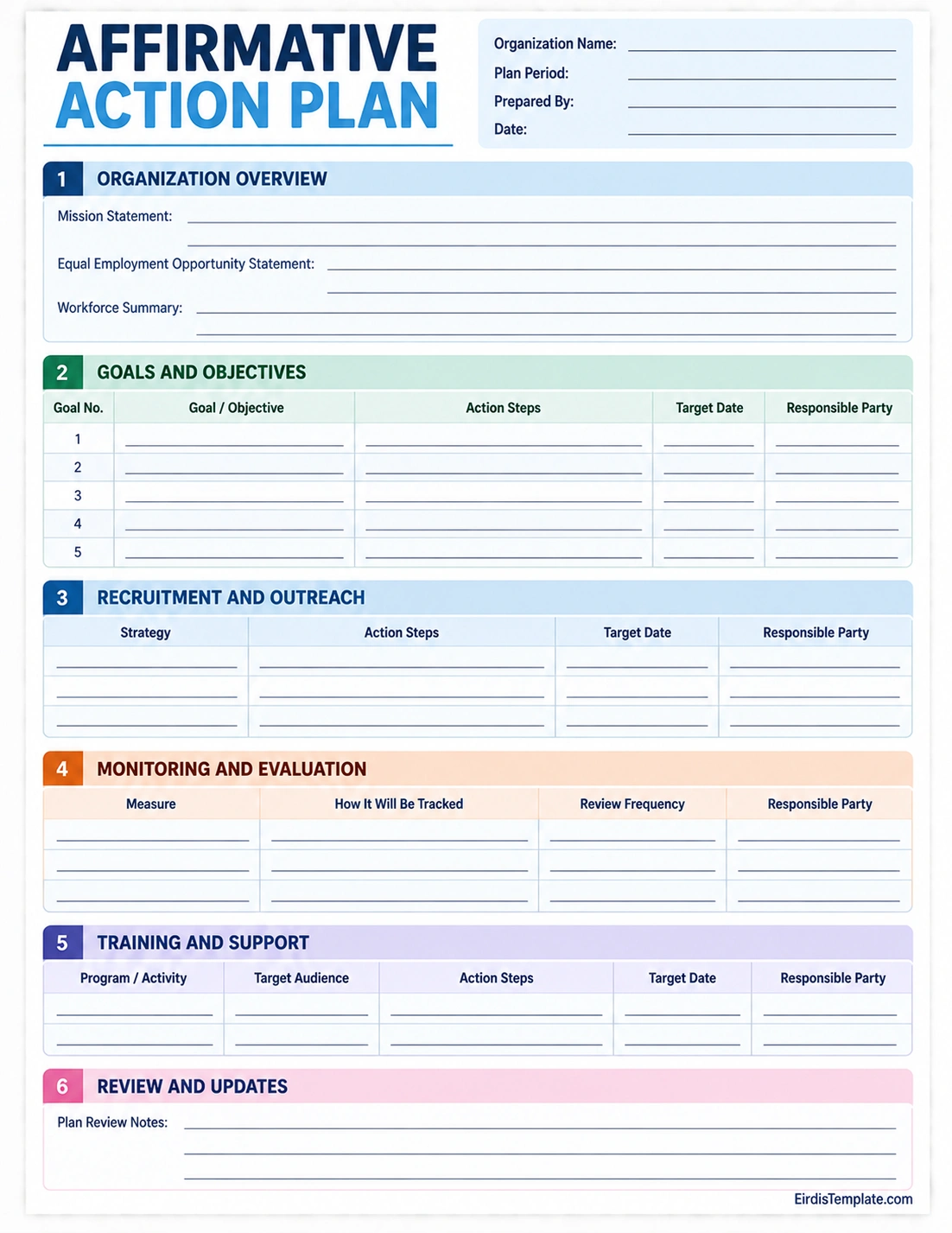 Printable affirmative action plan template with organization goals, recruitment, outreach, monitoring, evaluation, training, and review sections
