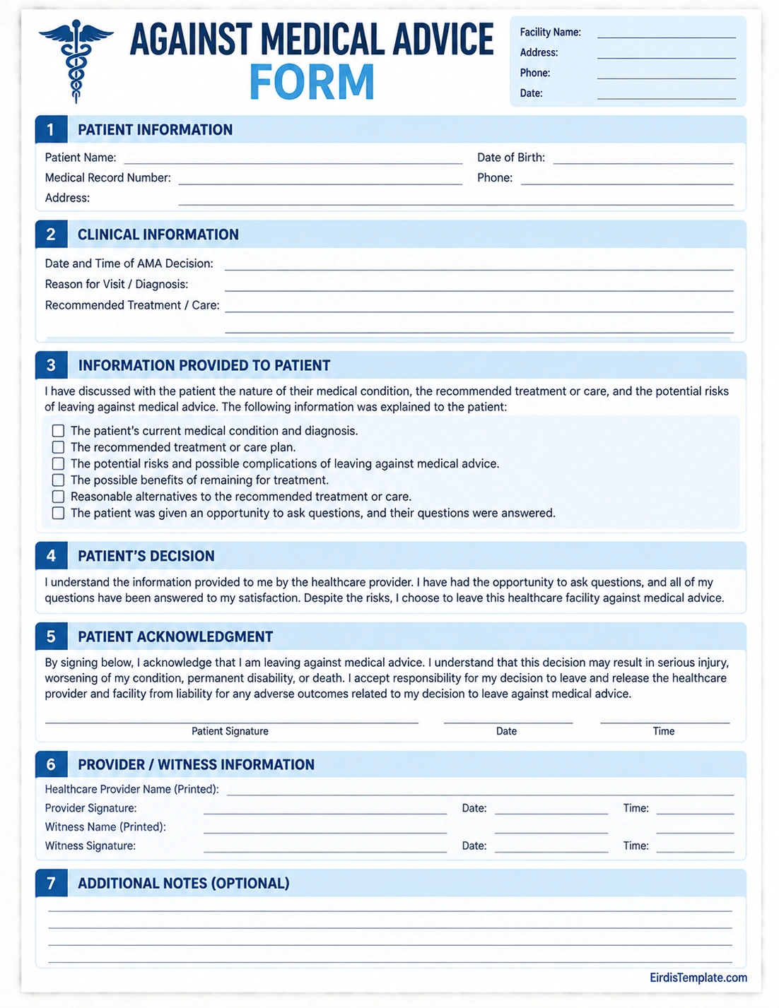 Against Medical Advice Form Printable against medical advice form template with patient information, treatment, risks, acknowledgment, signatures, and provider details