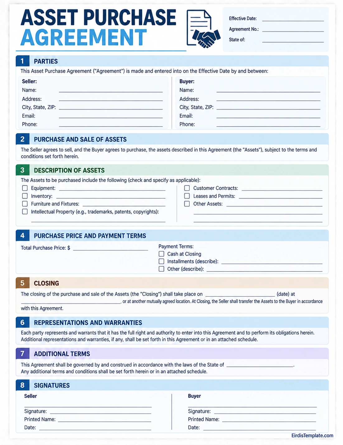 Asset Purchase Agreement Template Printable asset purchase agreement template with buyer, seller, asset details, purchase price, closing terms, warranties, and signatures