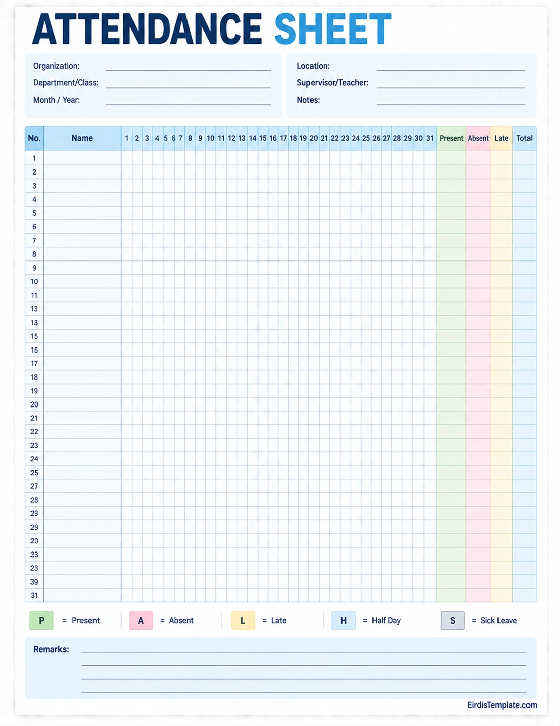 Printable attendance sheet template with daily attendance tracking, present, absent, late, and total columns