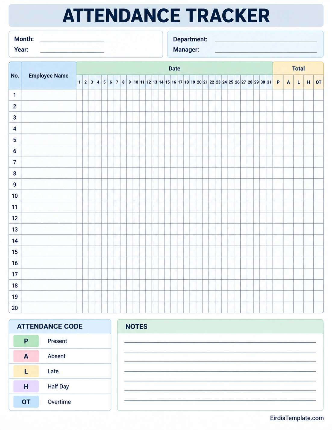 Printable attendance tracker template with employee names, daily attendance dates, attendance codes, totals, and notes