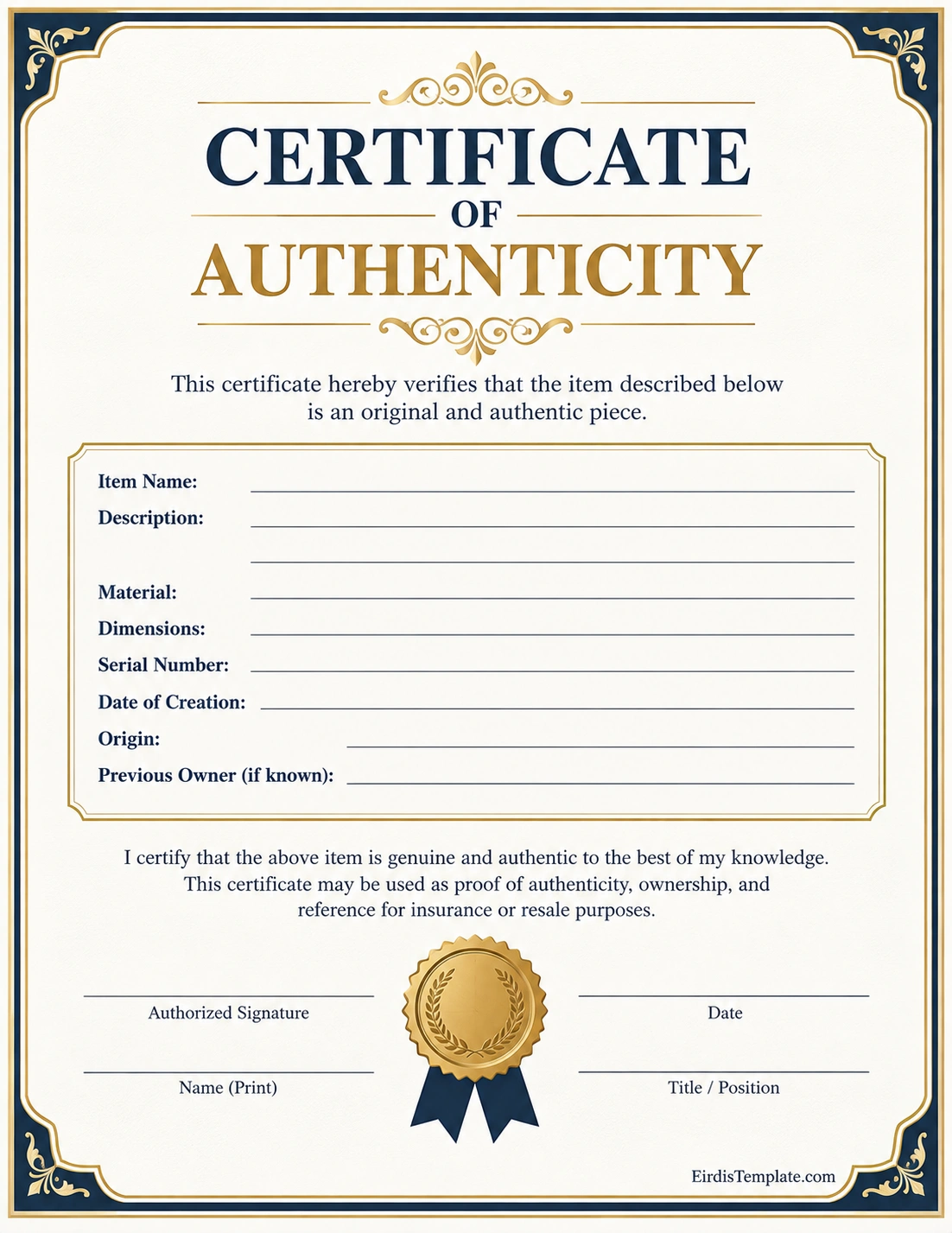 Printable authenticity certificate template with item details, description, serial number, origin, previous owner, verification statement, and signature fields