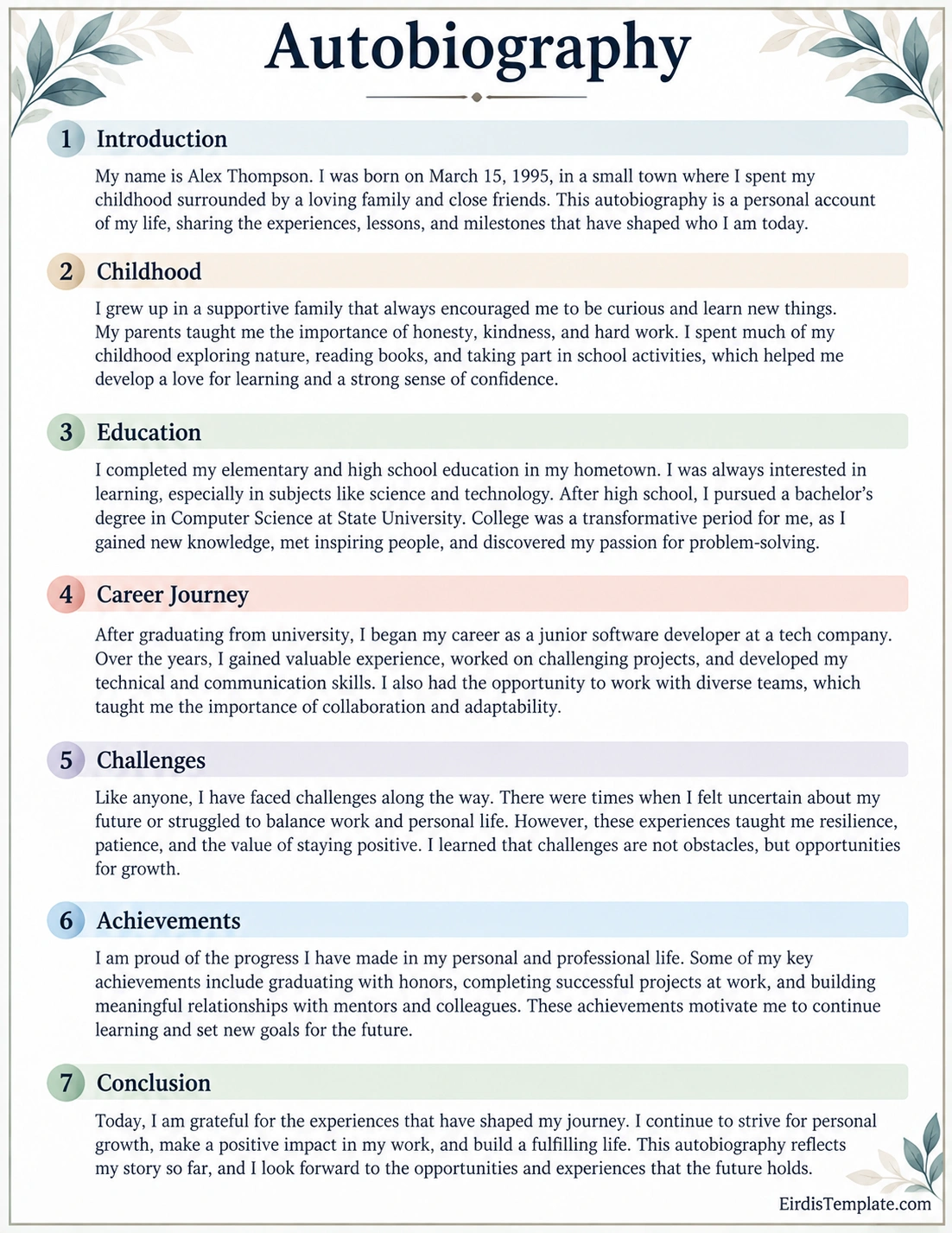 Printable autobiography sample showing sections for introduction, childhood, education, career journey, challenges, achievements, and conclusion