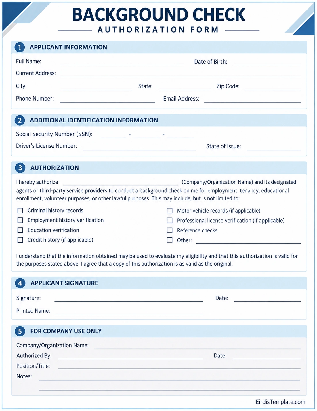 Printable background check authorization form template with applicant information, identification details, authorization terms, signature, and company use sections