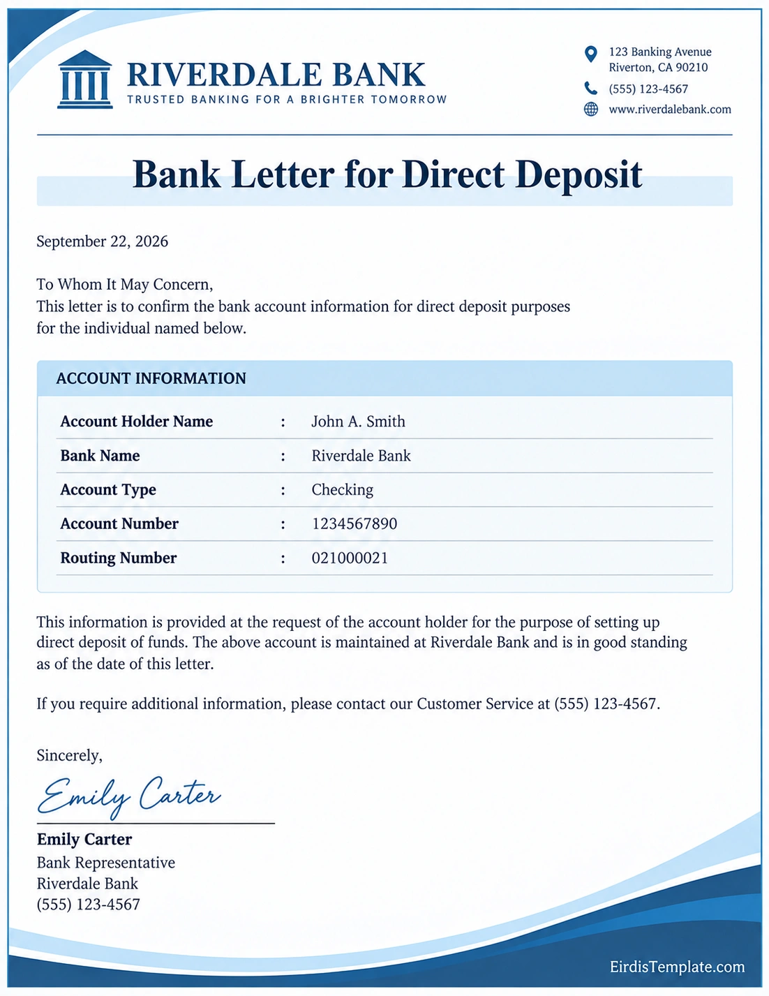 Professional bank letter for direct deposit sample showing account holder name, bank name, account type, account number, routing number, and verification statement