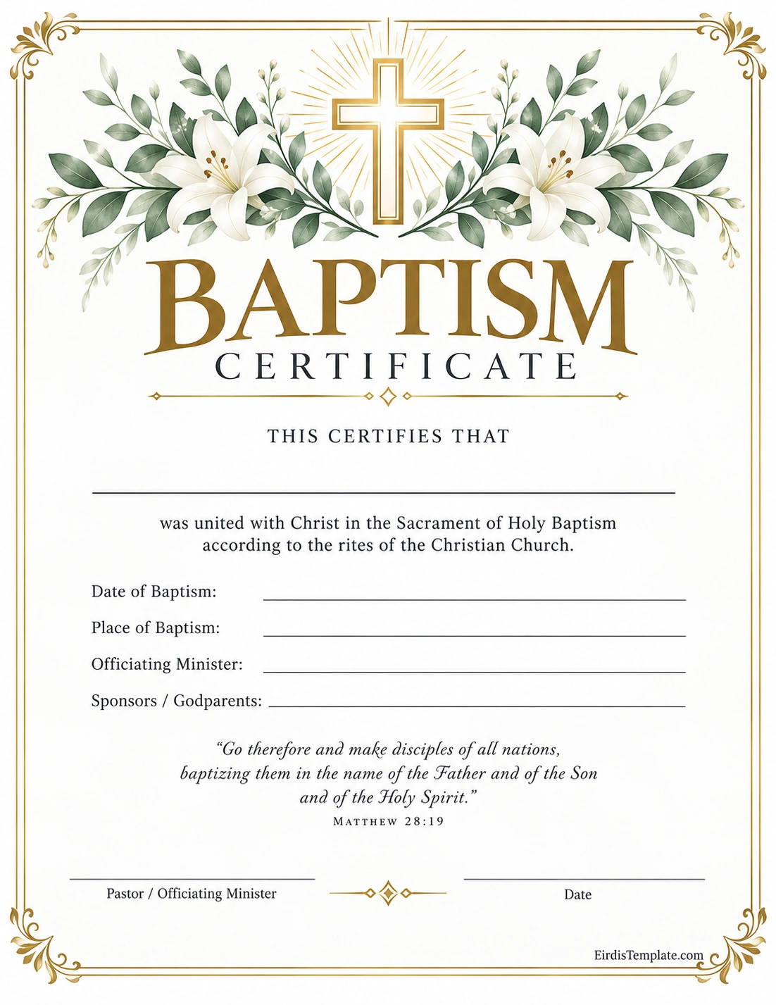 Baptism Certificate Template with recipient details, baptism date, church information, Bible verse, and pastor signature