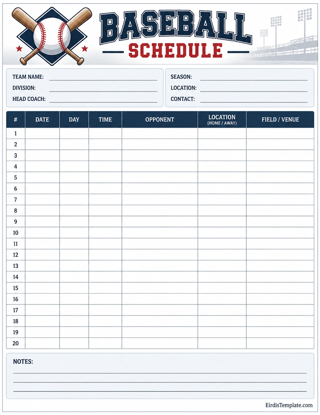 Baseball Schedule Template with team information, game dates, times, opponents, locations, and notes