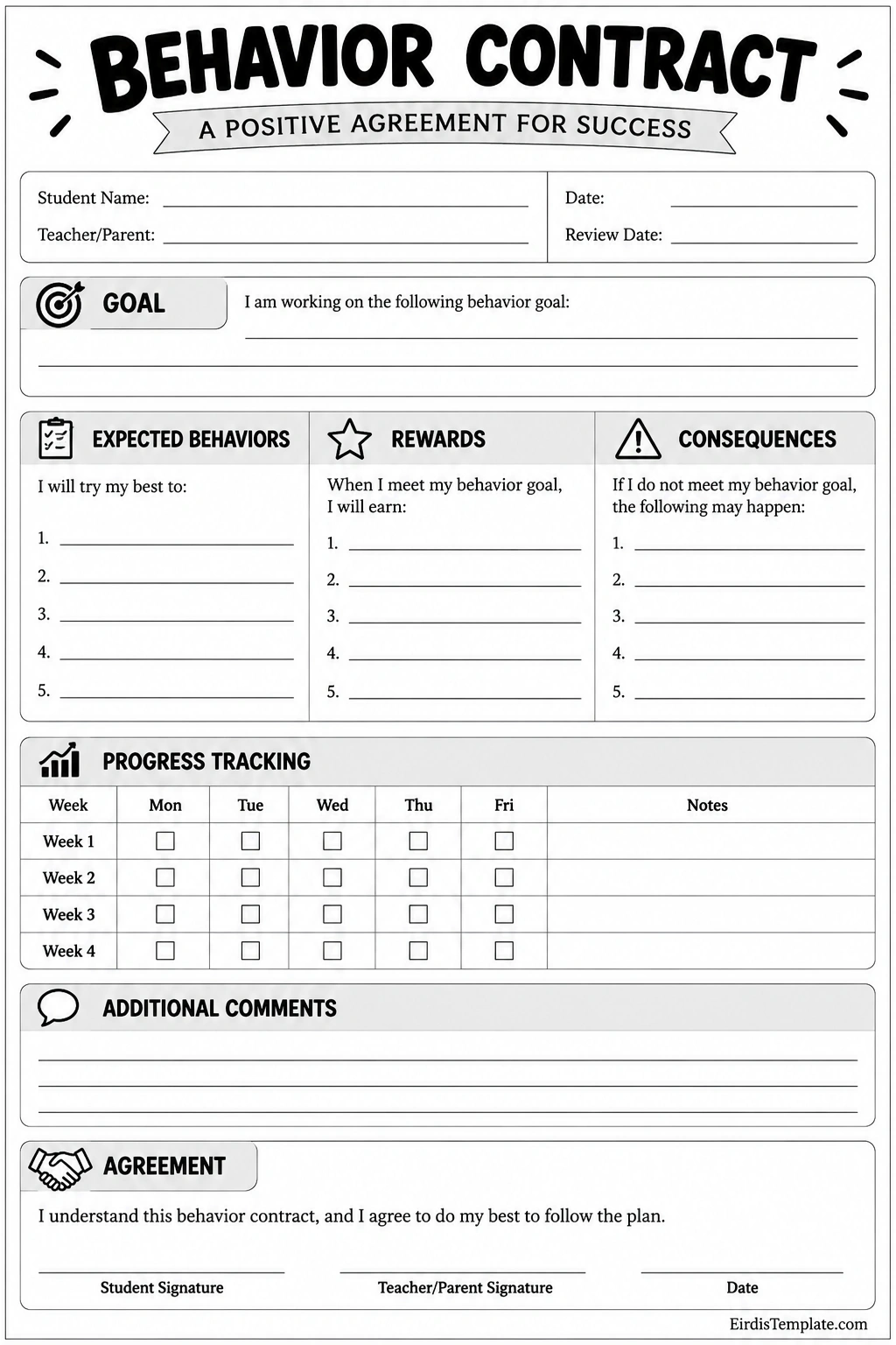 Behavior Contract Template with expected behaviors, goals, rewards, consequences, responsibilities, and signatures