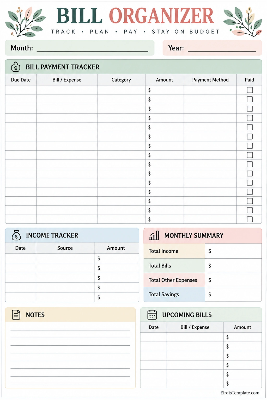 Printable bill organizer template with a bill payment tracker, due dates, expense amounts, income tracker, monthly summary, notes, and upcoming bills