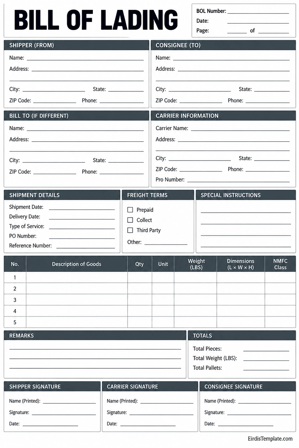 Bill of Lading Template with shipper, consignee, carrier, shipment details, freight terms, goods, and signatures