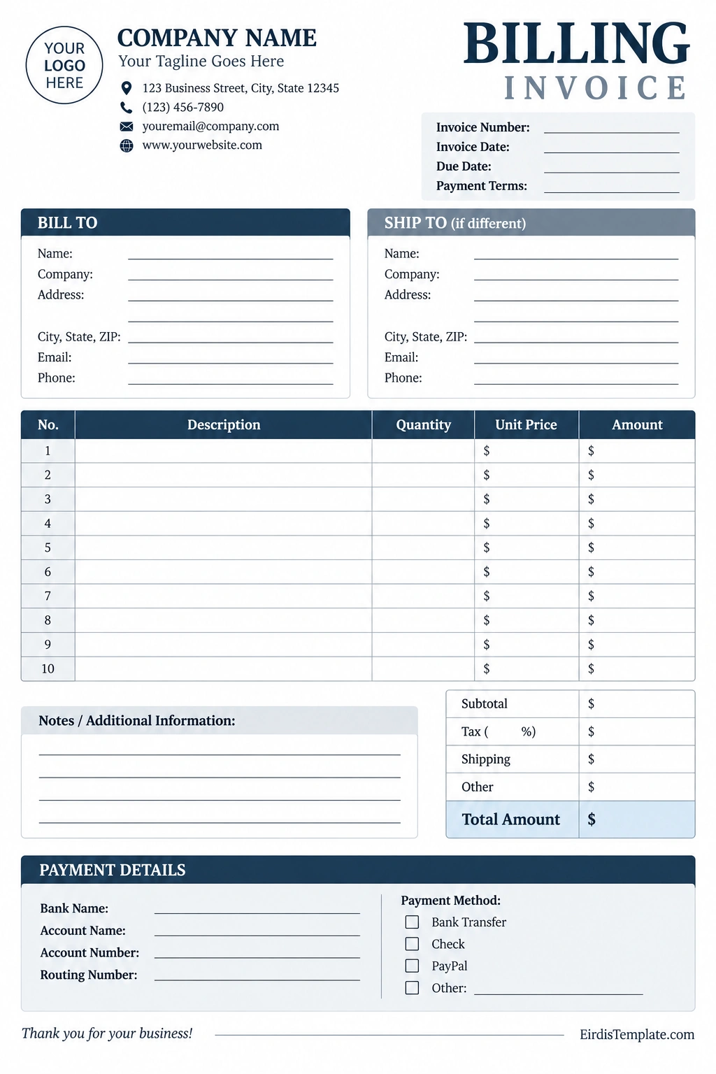 Billing Invoice Template Printable billing invoice template with seller and customer details, invoice number, due date, itemized charges, subtotal, tax, total amount, and payment information