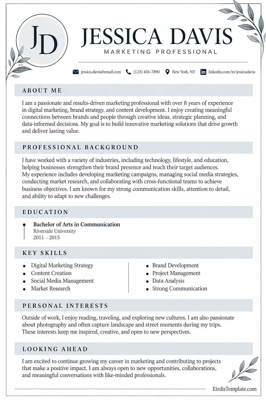 Professional biography sample featuring an about me introduction, professional background, education, key skills, personal interests, and career goals