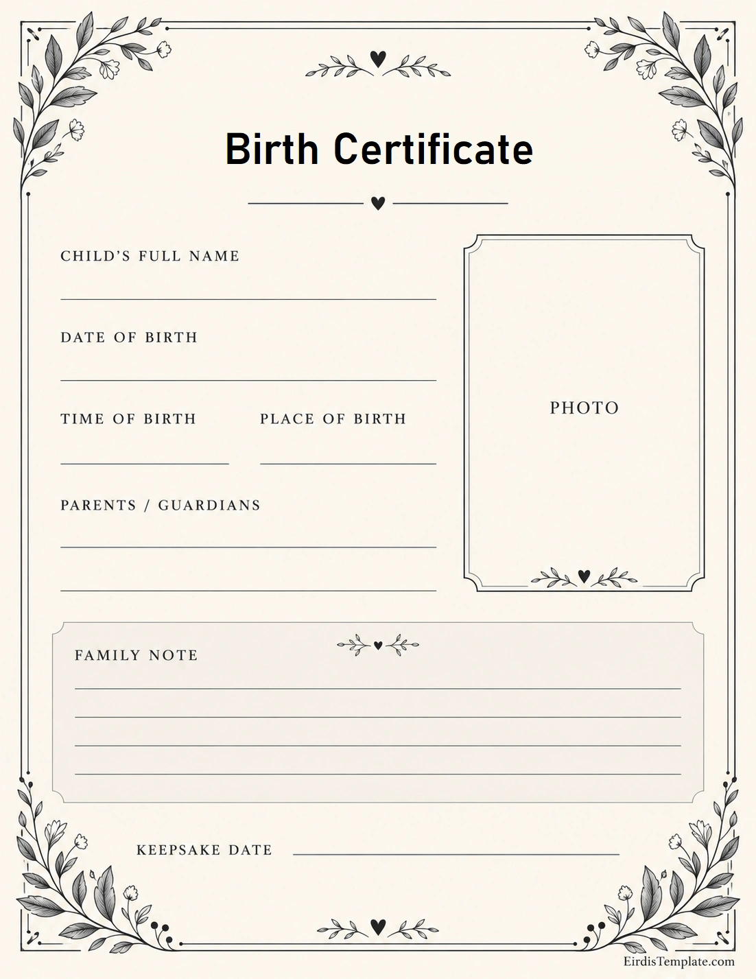 Birth Certificate Template Birth certificate document design with a blank photo box, name and birth detail fields, parent information, and a decorative black-and-white border