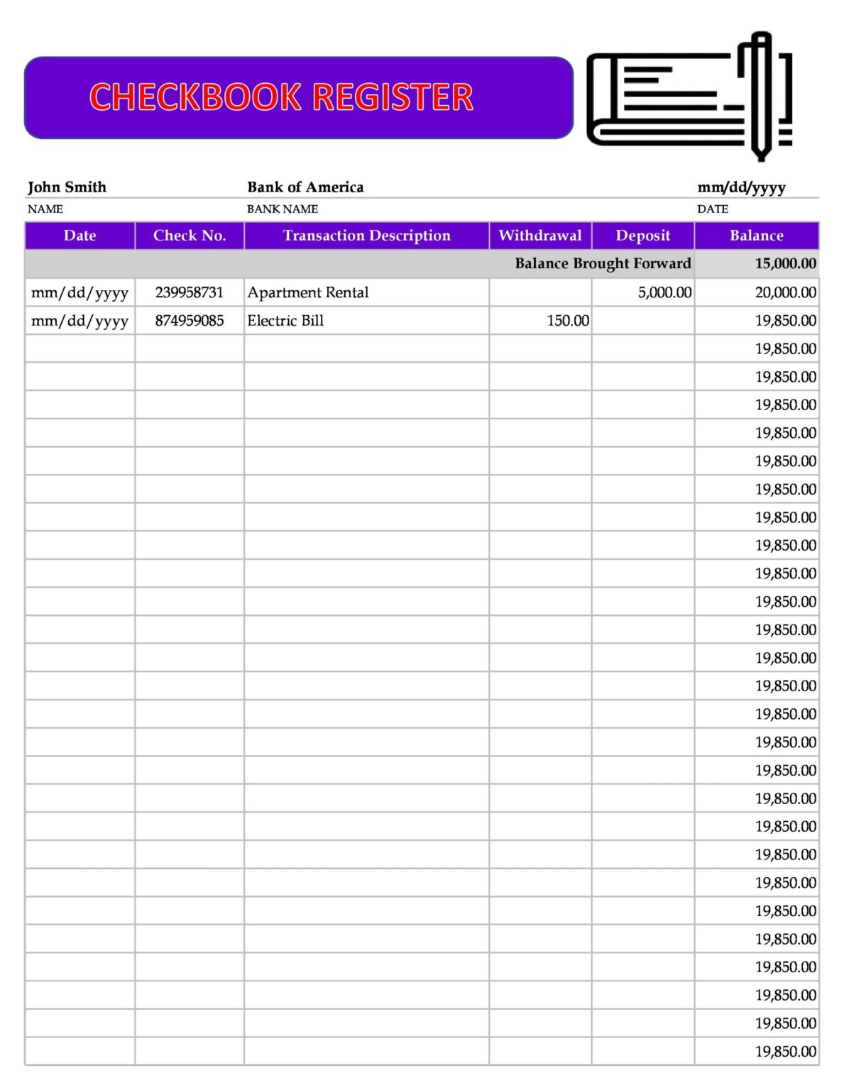 Printable Blank Check Register Template
