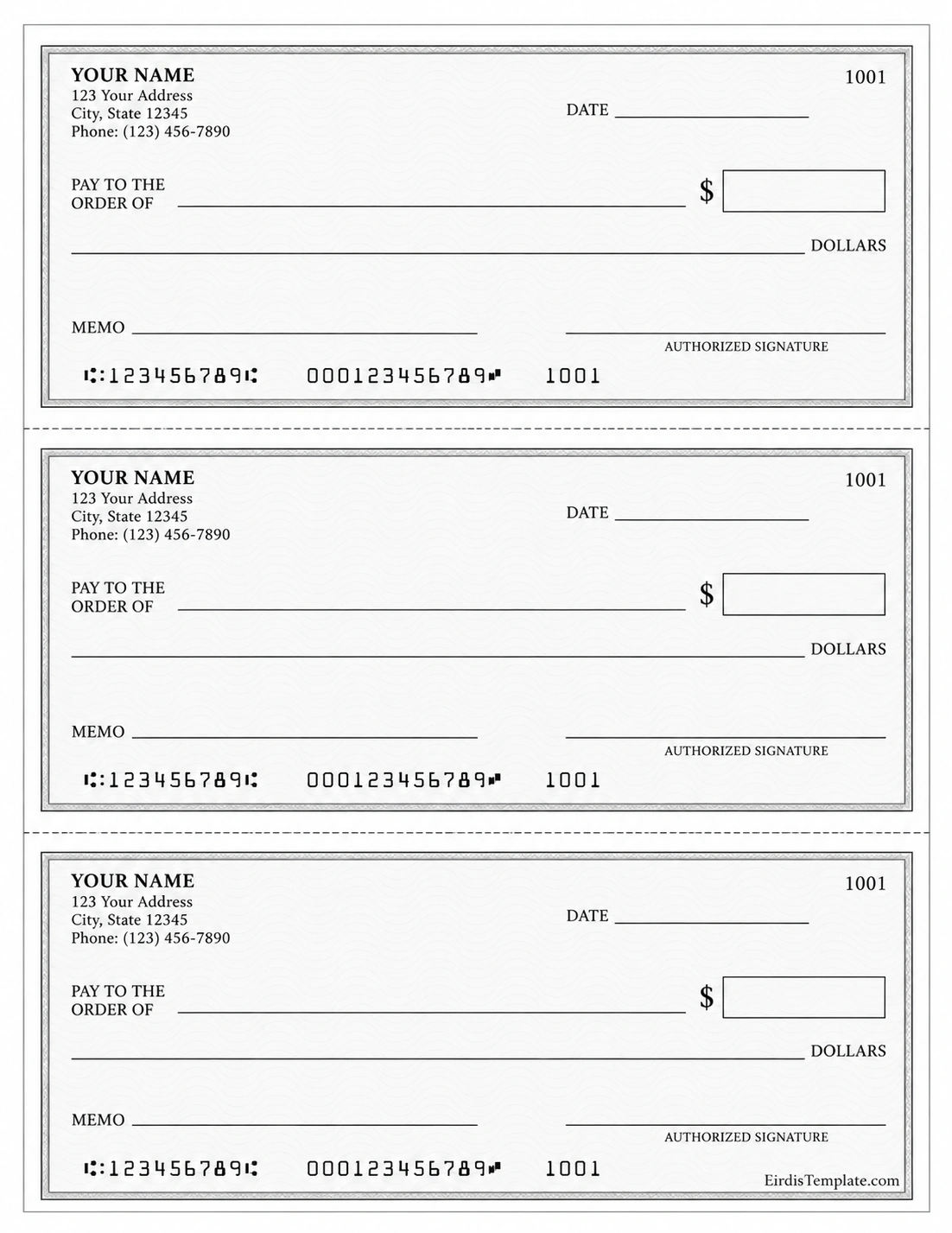 Blank Check Template printable check template sample with blank date, payee, payment amount, memo, and signature fields
