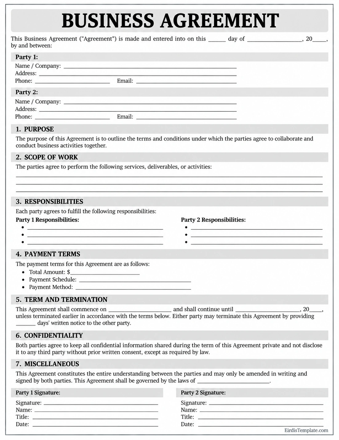 Business Agreement Template Printable business agreement template with party details, scope of work, responsibilities, payment terms, confidentiality, termination, and signature fields