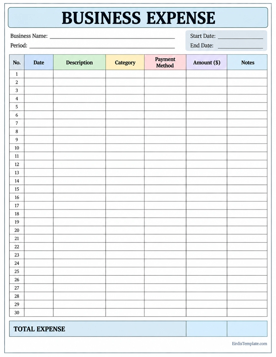 Printable business expense template with date, description, category, payment method, amount, notes, and total expense fields