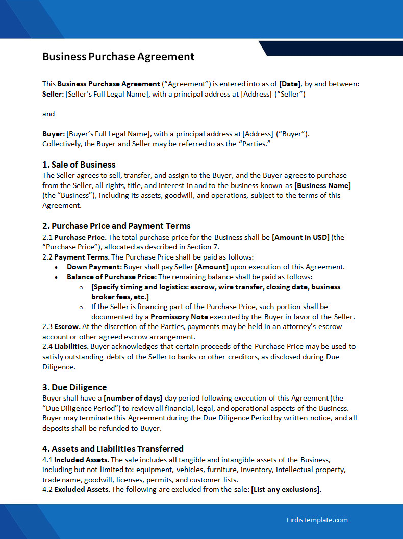 Business Purchase Agreement Template Business Purchase Agreement Template