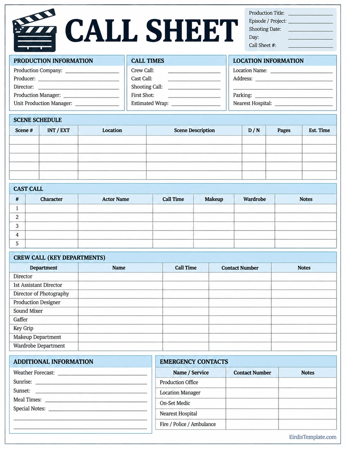 Printable call sheet template with production information, call times, location details, scene schedule, cast calls, crew contacts, and emergency information