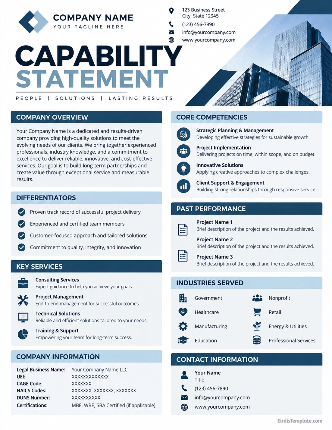 Capability statement sample featuring company overview, core competencies, differentiators, past performance, key services, and company information