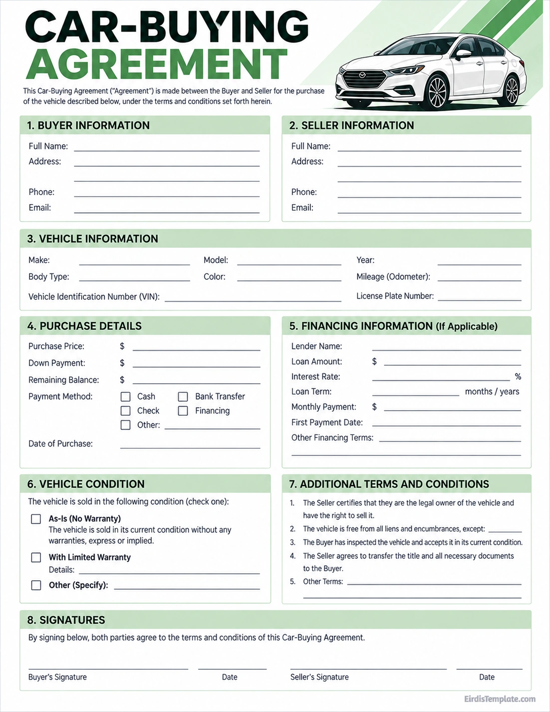 Car-buying agreement template with buyer and seller information, vehicle details, purchase price, financing terms, vehicle condition, and signature fields