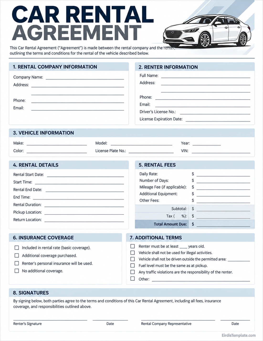 Car rental agreement template with renter information, vehicle details, rental dates, fees, insurance coverage, additional terms, and signature fields