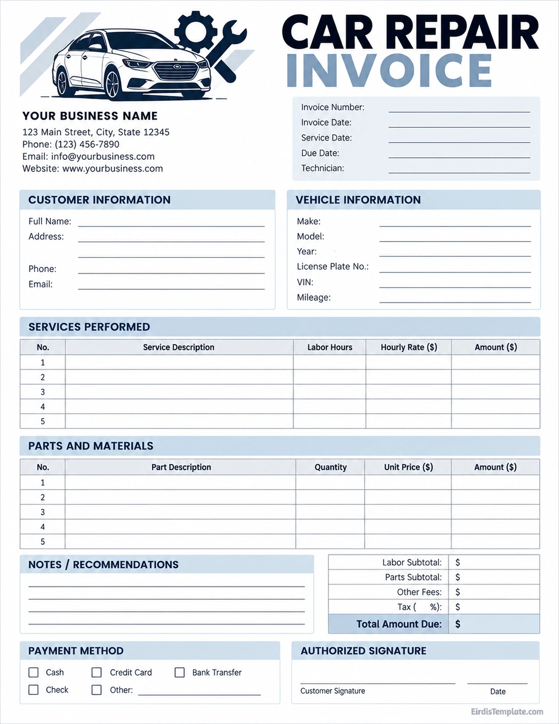 Car repair invoice template with customer information, vehicle details, labor charges, replacement parts, repair notes, and total amount due