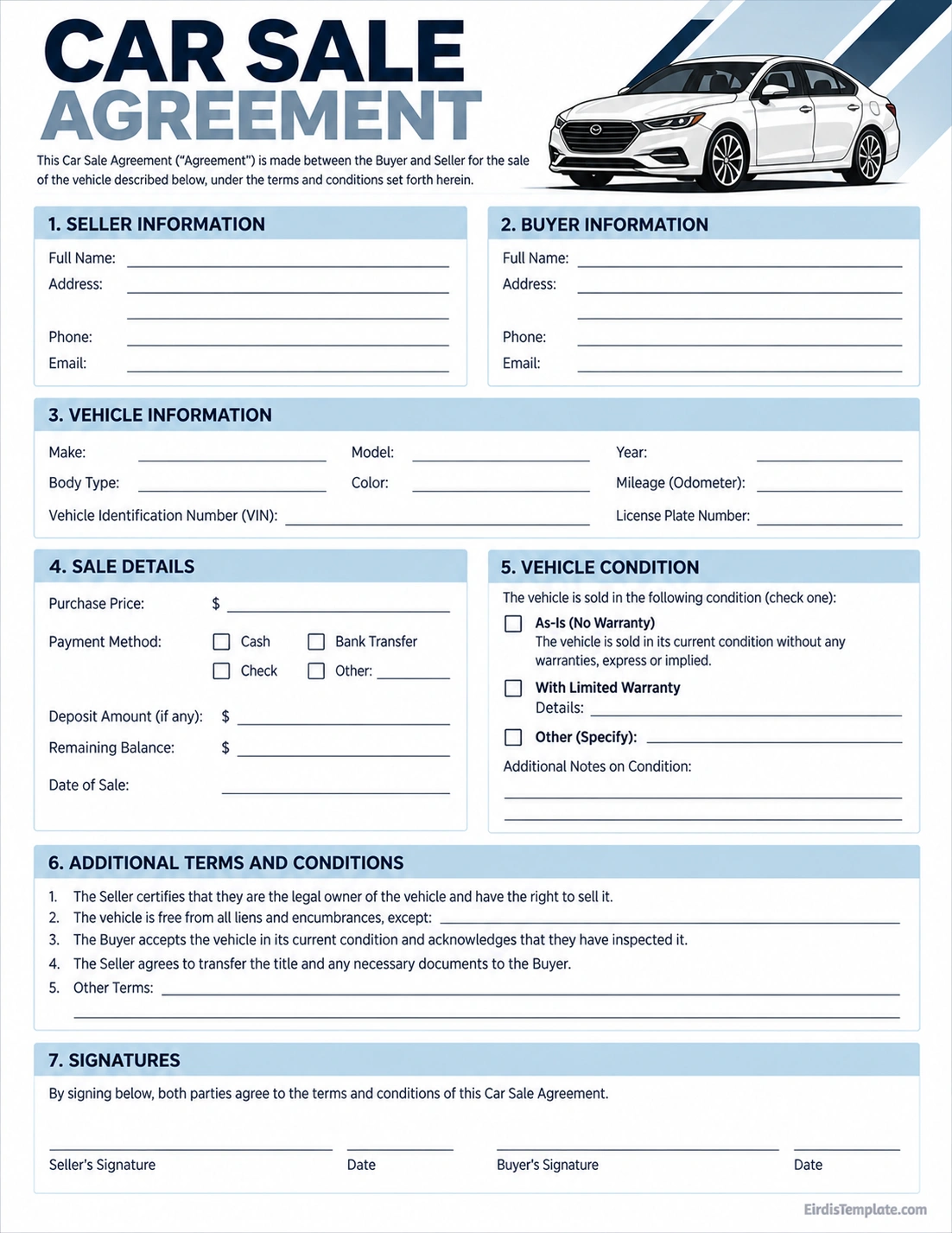 Car sale agreement template with buyer and seller details, vehicle information, purchase price, vehicle condition, sale terms, and signature fields