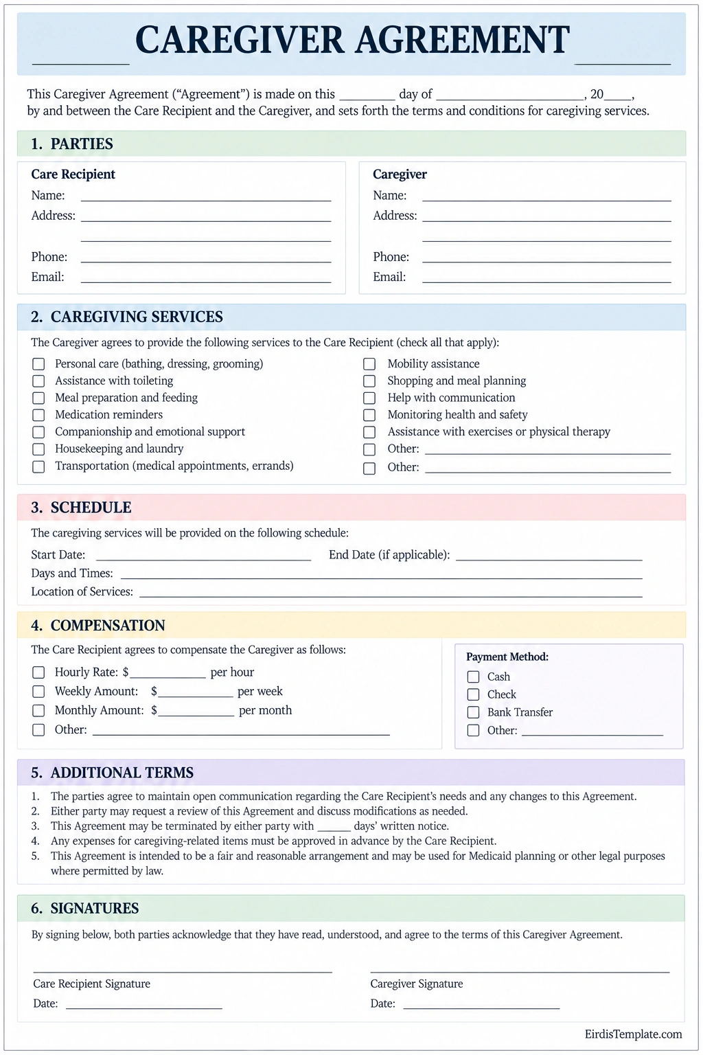 Printable caregiver agreement template with care recipient and caregiver details, caregiving services checklist, schedule, compensation and payment method, additional terms, and signature lines.