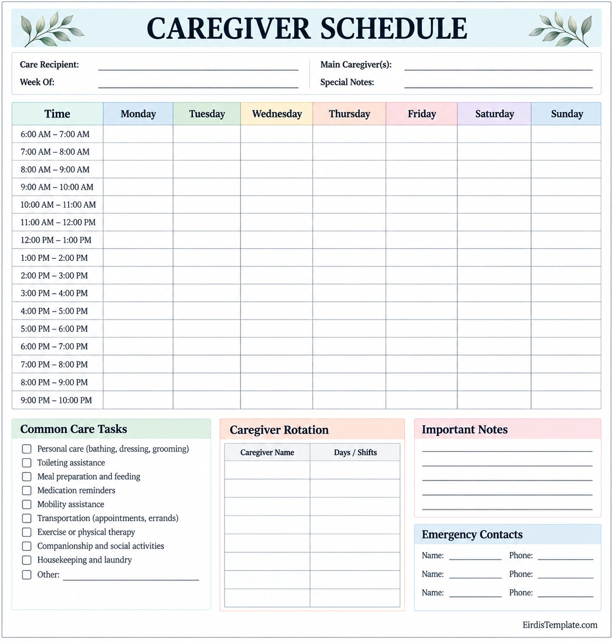 Printable caregiver schedule template with a weekly Monday-to-Sunday timetable, hourly time slots, care recipient details, caregiver rotation, common care tasks checklist, important notes, and emergency contact fields.