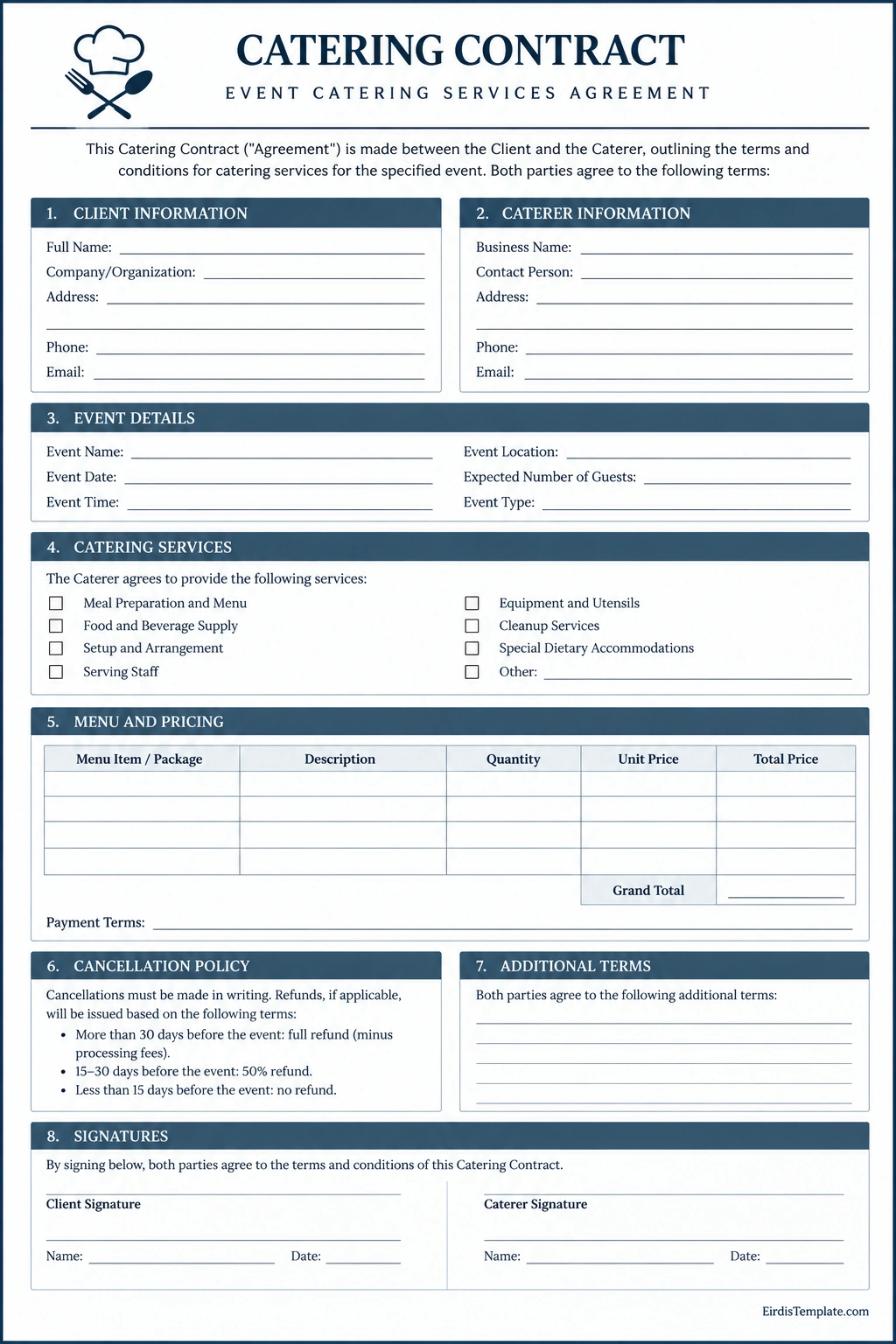 Printable catering contract template with sections for client and caterer details, event information, catering services, menu pricing, payment terms, cancellation policy, additional provisions, and signatures