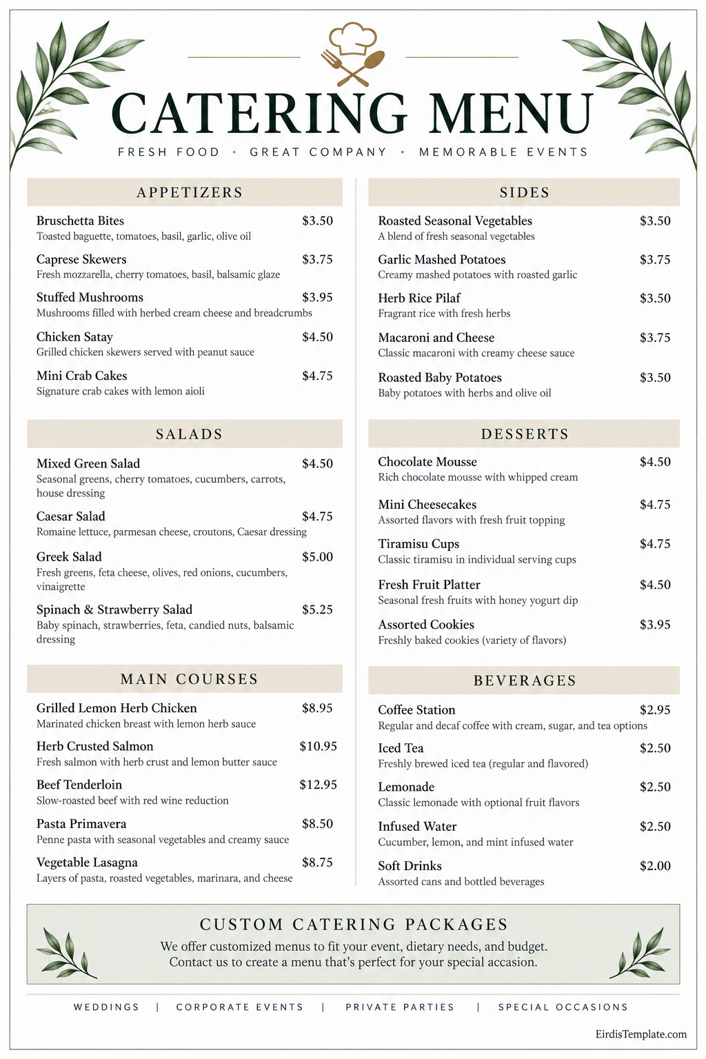 Elegant catering menu template with botanical accents, categorized appetizers, salads, main courses, sides, desserts, beverages, sample prices, and custom catering packages