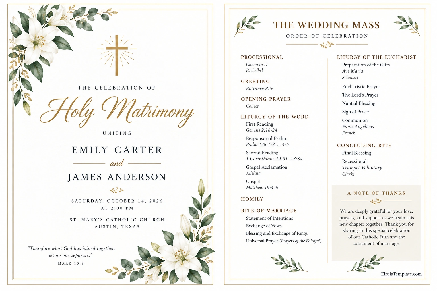 Elegant Catholic wedding program sample featuring a gold cross, white lilies, wedding Mass order, Scripture readings, marriage rites, and a thank-you message