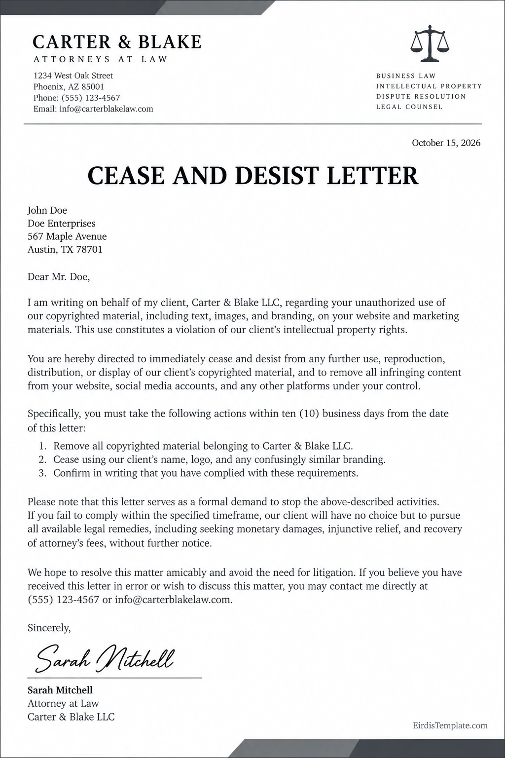 Professional cease and desist letter sample with a formal legal notice, alleged copyright infringement details, requested corrective actions, response deadline, and signature block