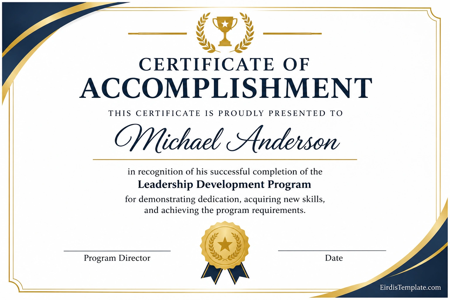 Professional certificate of accomplishment template with navy blue and gold borders, recipient name, achievement statement, award seal, signature line, and date field