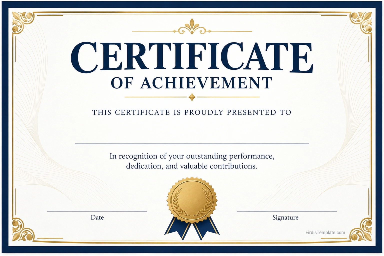 Certificate of Achievement Template Printable certificate of achievement template with a navy blue and gold border, recipient name line, award statement, date, and signature field