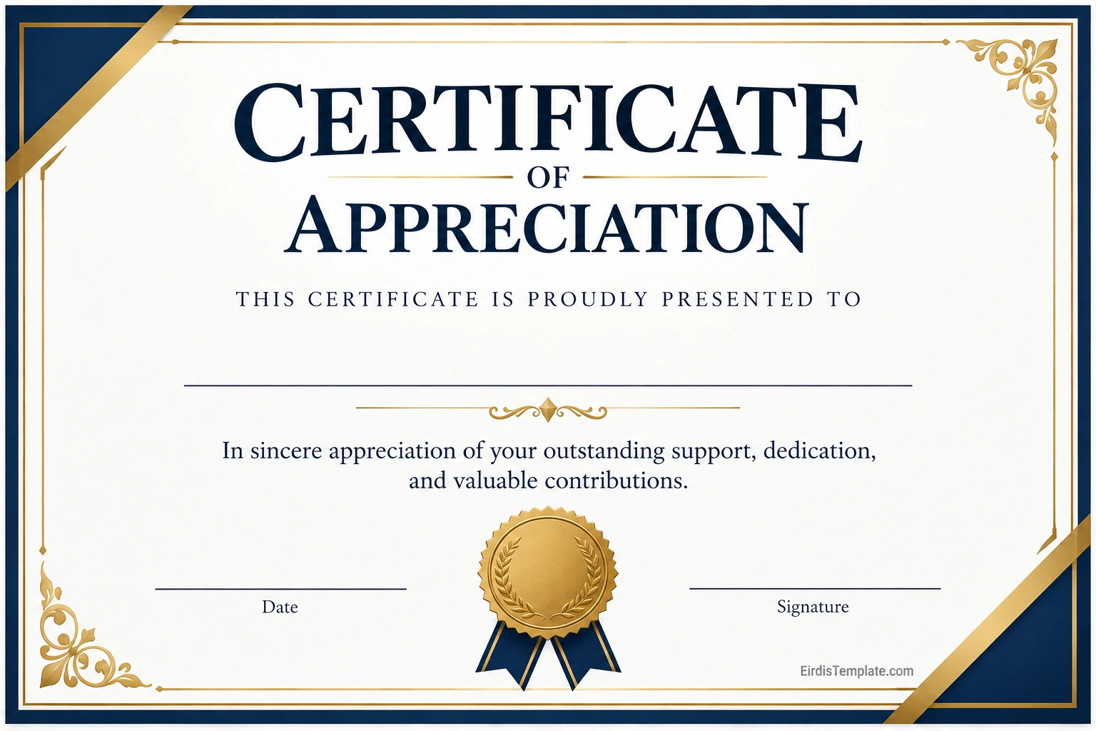 Certificate of Appreciation Template Printable certificate of appreciation template with an elegant navy blue and gold border, recipient name line, gratitude message, date, and signature field
