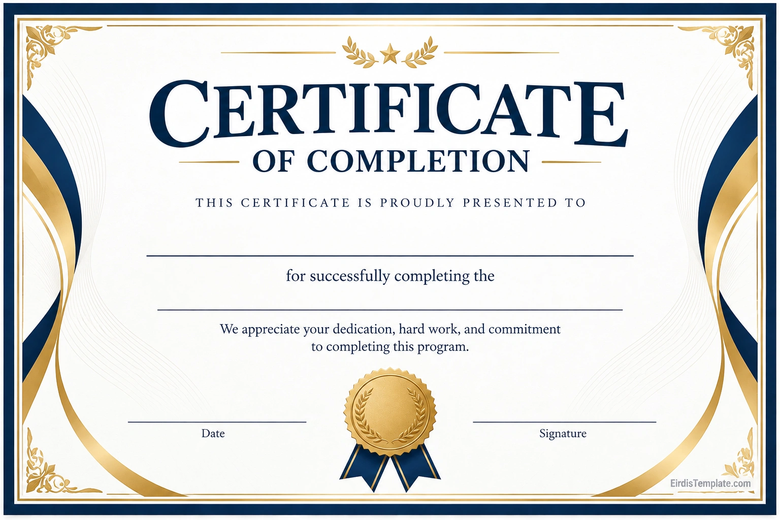 Printable certificate of completion template with navy blue and gold borders, blank recipient and program fields, completion statement, date, and signature line