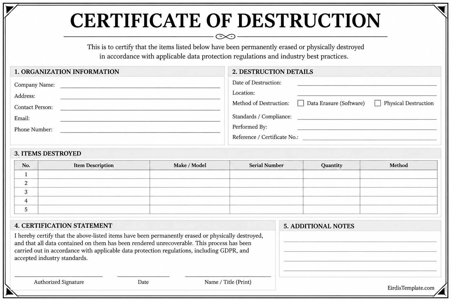 Printable certificate of destruction template in black and white with organization details, destruction method, item inventory table, certification statement, and signature fields