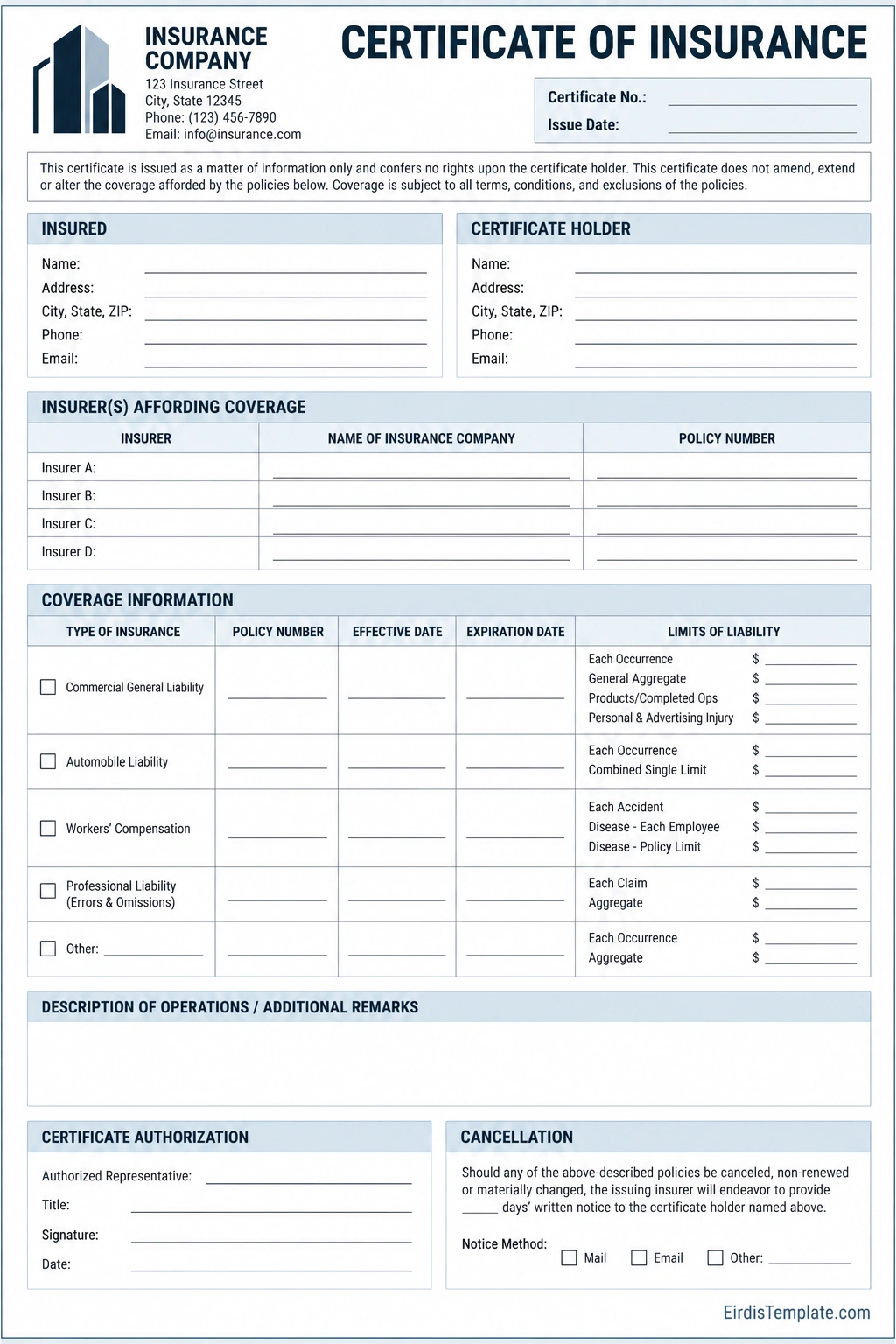Printable certificate of insurance template with insured and certificate holder details, insurer information, policy numbers, coverage dates, liability limits, and authorization fields