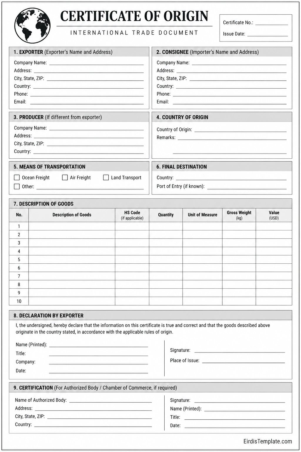 Certificate of Origin Template Printable certificate of origin template with exporter, consignee, country of origin, goods description, shipment details, and certification fields