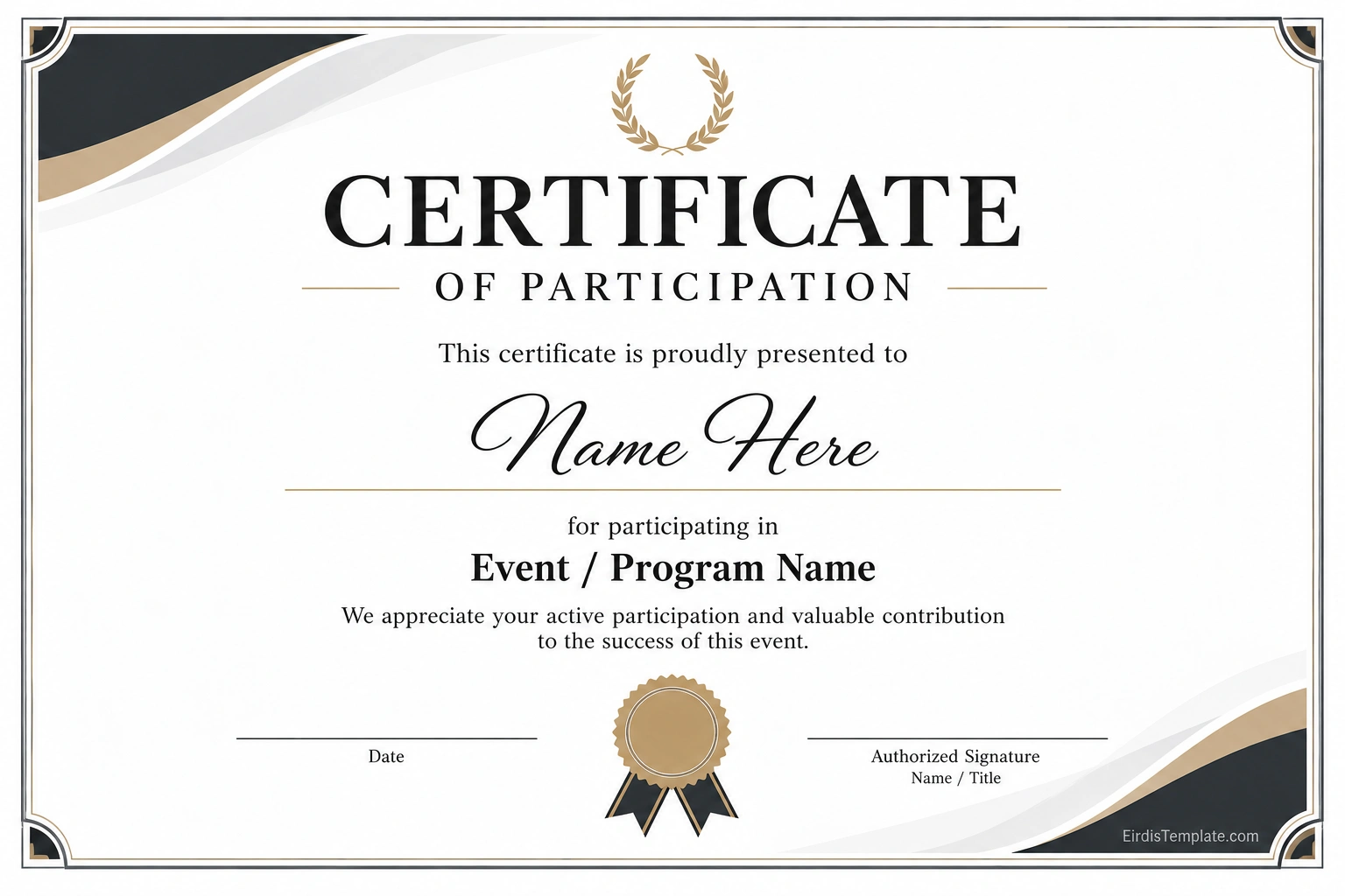 Printable certificate of participation template with participant name, event or program title, date, signature lines, and decorative border