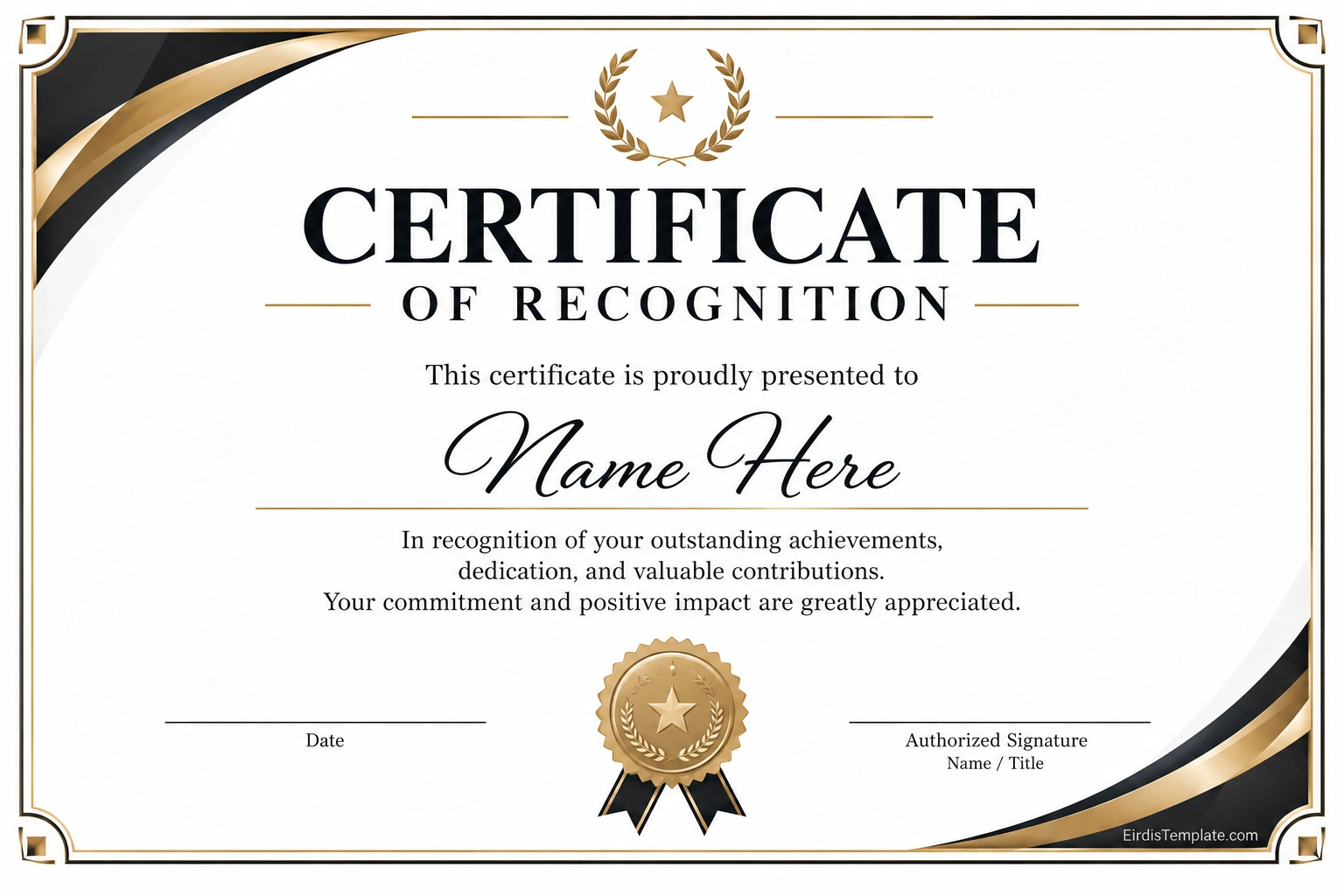 Printable certificate of recognition template with recipient name, achievement statement, date, authorized signature, and elegant black and gold border