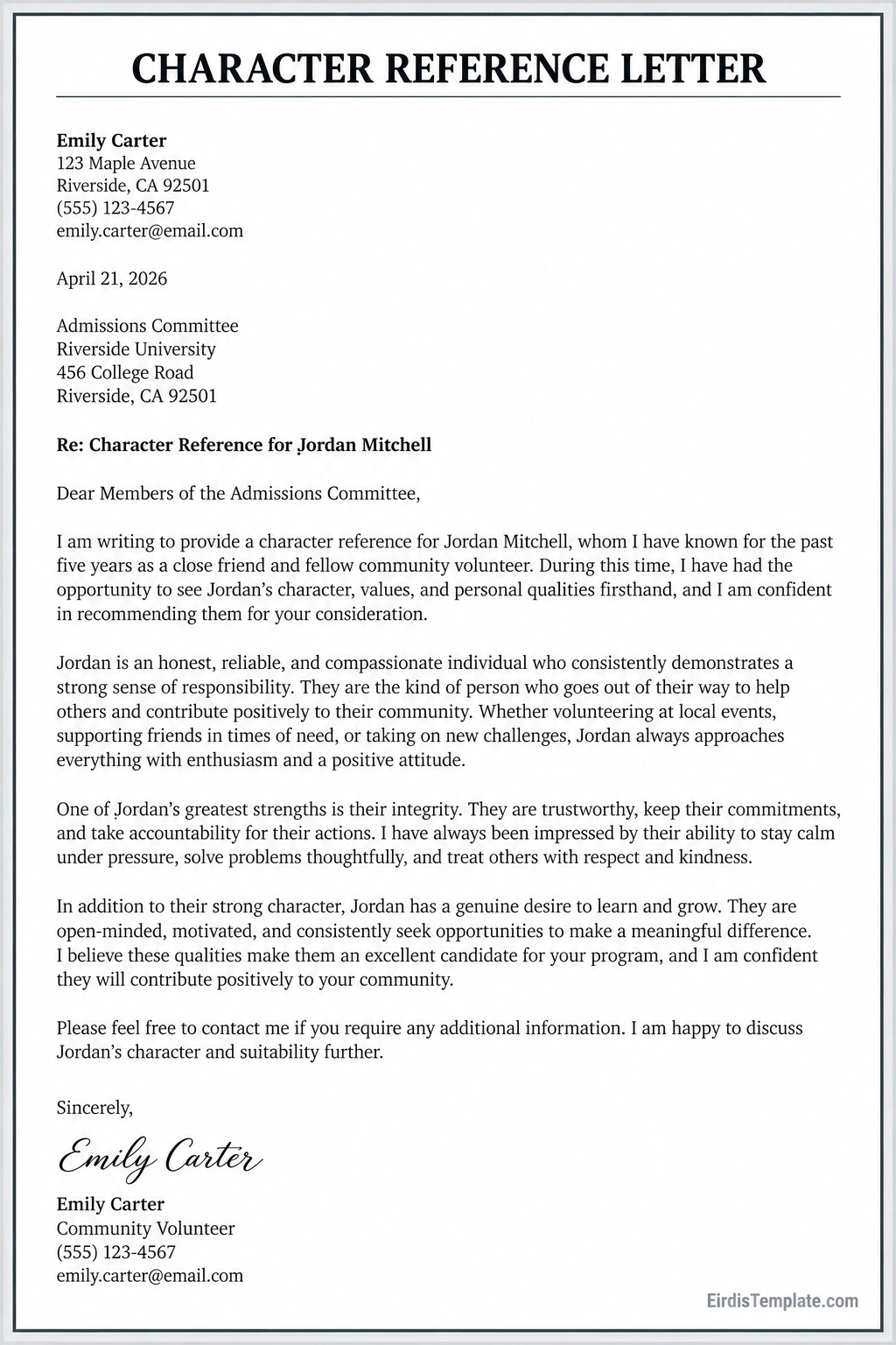 Sample character reference letter with sender contact details, recipient information, a personal recommendation, examples of honesty and reliability, and a professional closing with signature