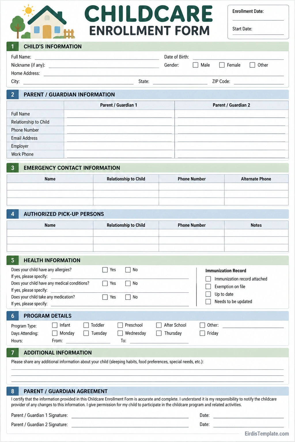 Childcare Enrollment Form Printable childcare enrollment form template with child information, parent and guardian details, emergency contacts, authorized pickup persons, health information, program schedule, additional care notes, and signature fields